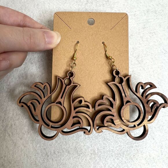 Wooden Flower Cutout Earrings - Picture 2 of 3